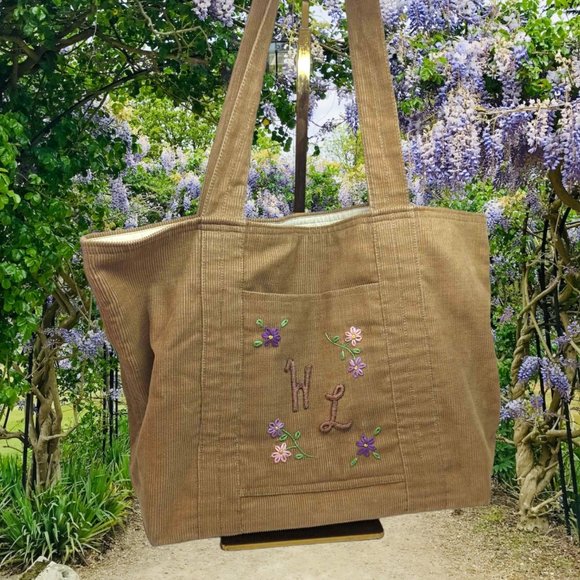 Handmade Y2K Embroidered Corduroy Initial Tote Bag Brown Purple Green - Picture 1 of 9